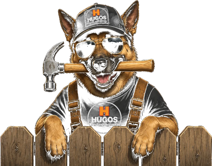 Hugo's Fence and Deck Nashville mascot — a German shepherd in a company cap holding a hammer, leaning over a wood privacy fence